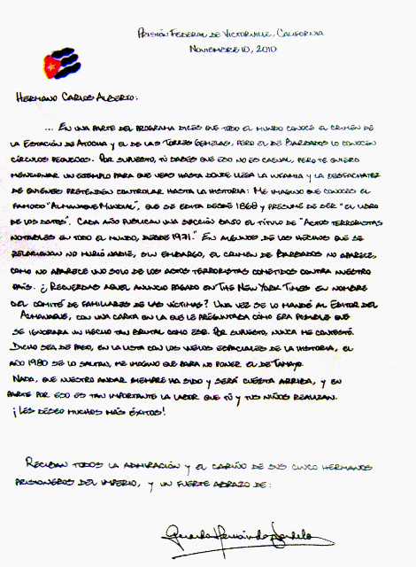 Facsímil de carta enviada por el prisionero político cubano en Estados Unidos Gerardo Hernández a Carlos Alberto Cremata, director del grupo de teatro 