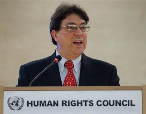 El Canciller cubano Bruno Rodríguez Parrilla, interviene en la décimo tercera sesión del Consejo de Derechos Humanos de la ONU en Ginebra, Suiza, hoy, miércoles 3 de marzo de 2010. 